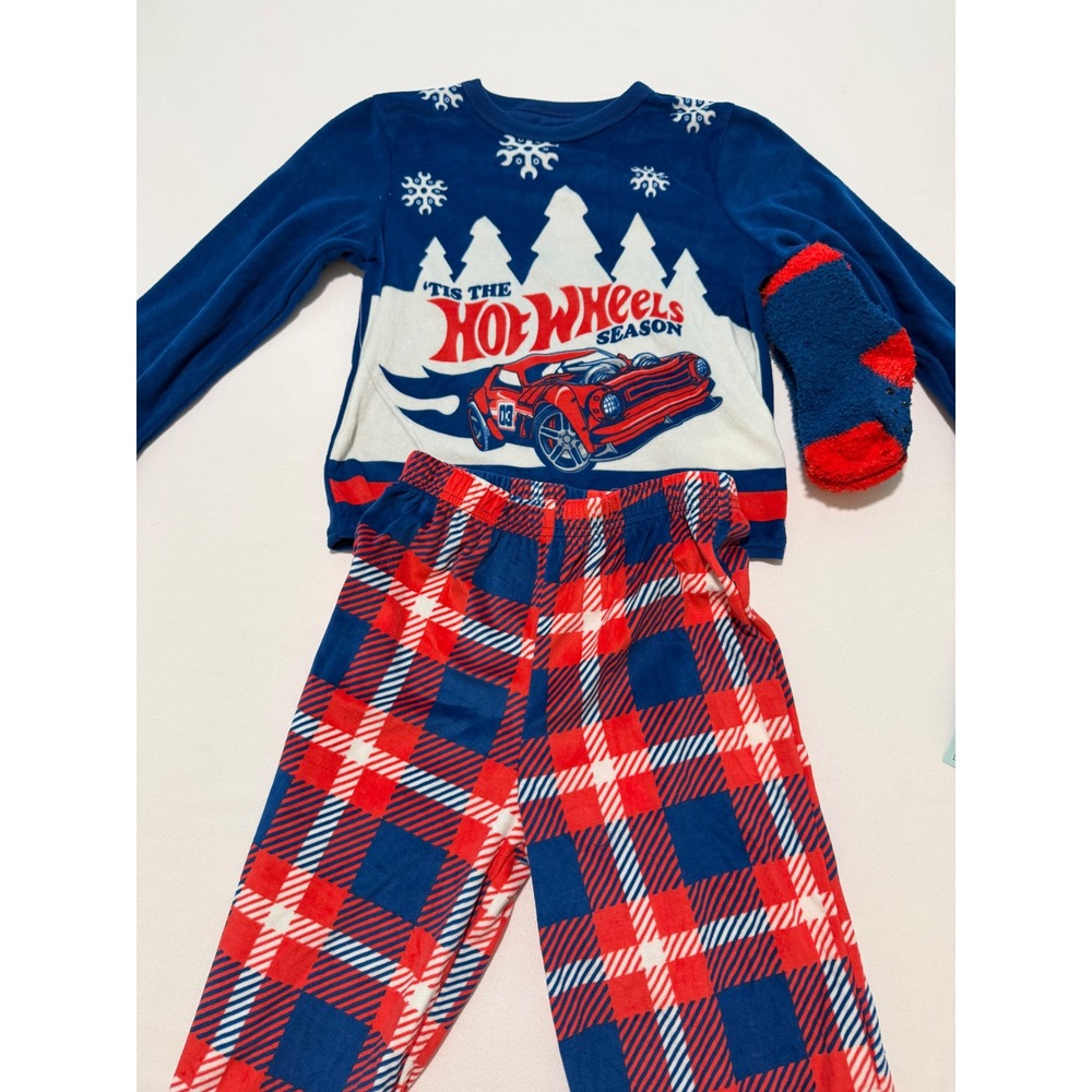 Hot Wheels Boys Pajama Set 3pc Fleece Top Plaid Pants Socks Blue Red XS 4/5 NEW